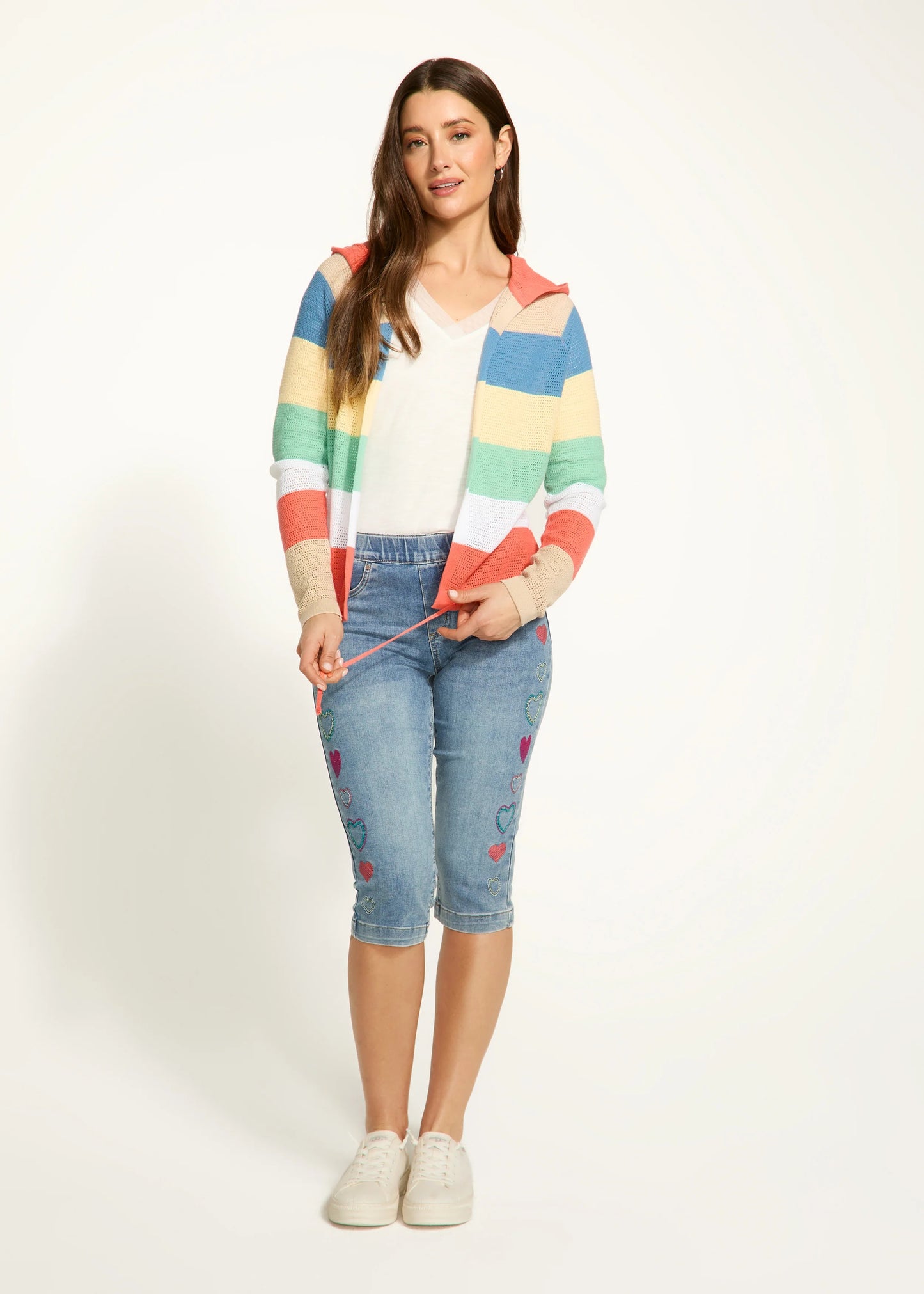 FDJ 1631314 Striped Pointelle Hooded Cardigan