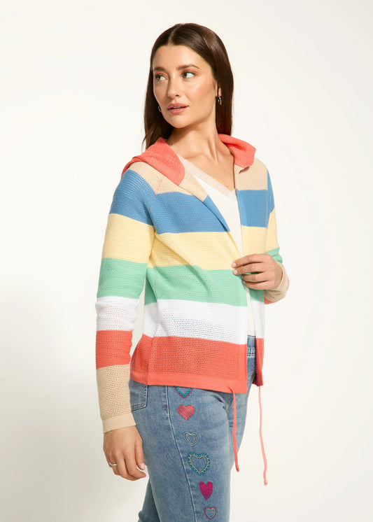 FDJ 1631314 Striped Pointelle Hooded Cardigan
