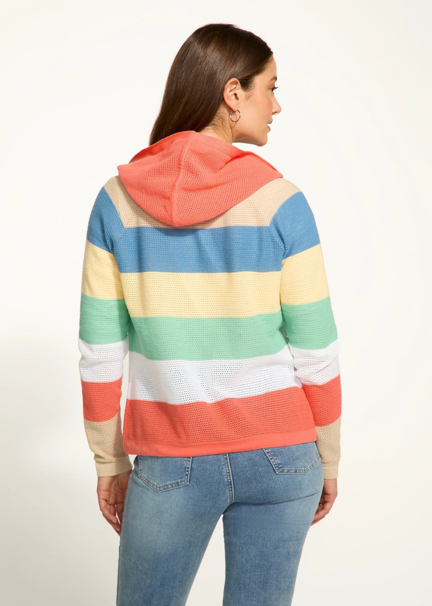 FDJ 1631314 Striped Pointelle Hooded Cardigan