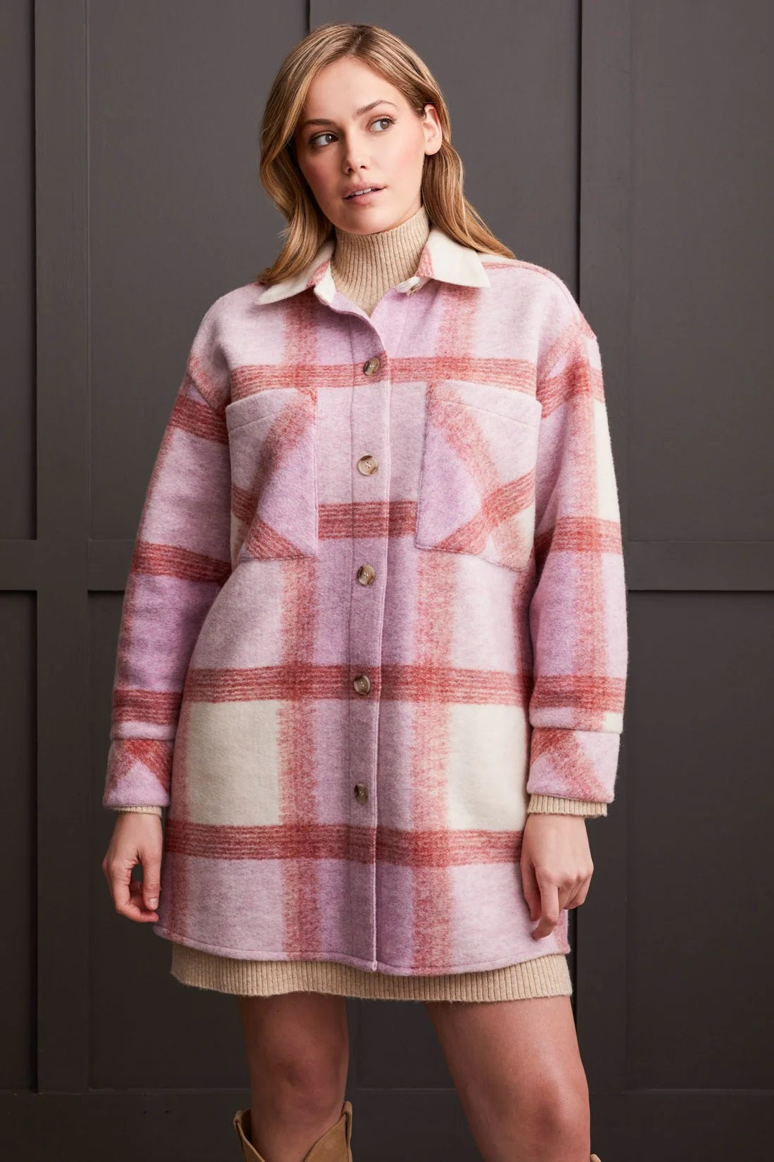 Tri 2004O Knit Plaid Button-Up Shacket