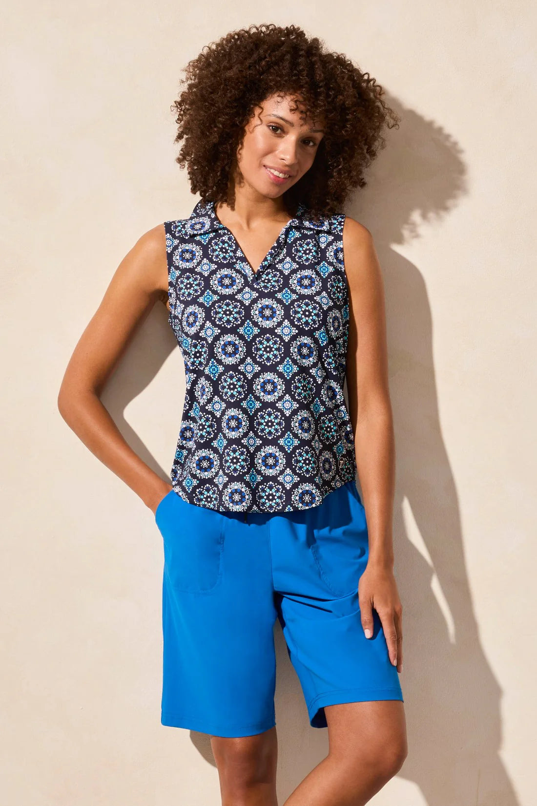 Tri 2063o Textured Print Sleeveless Polo Top With Shirtail