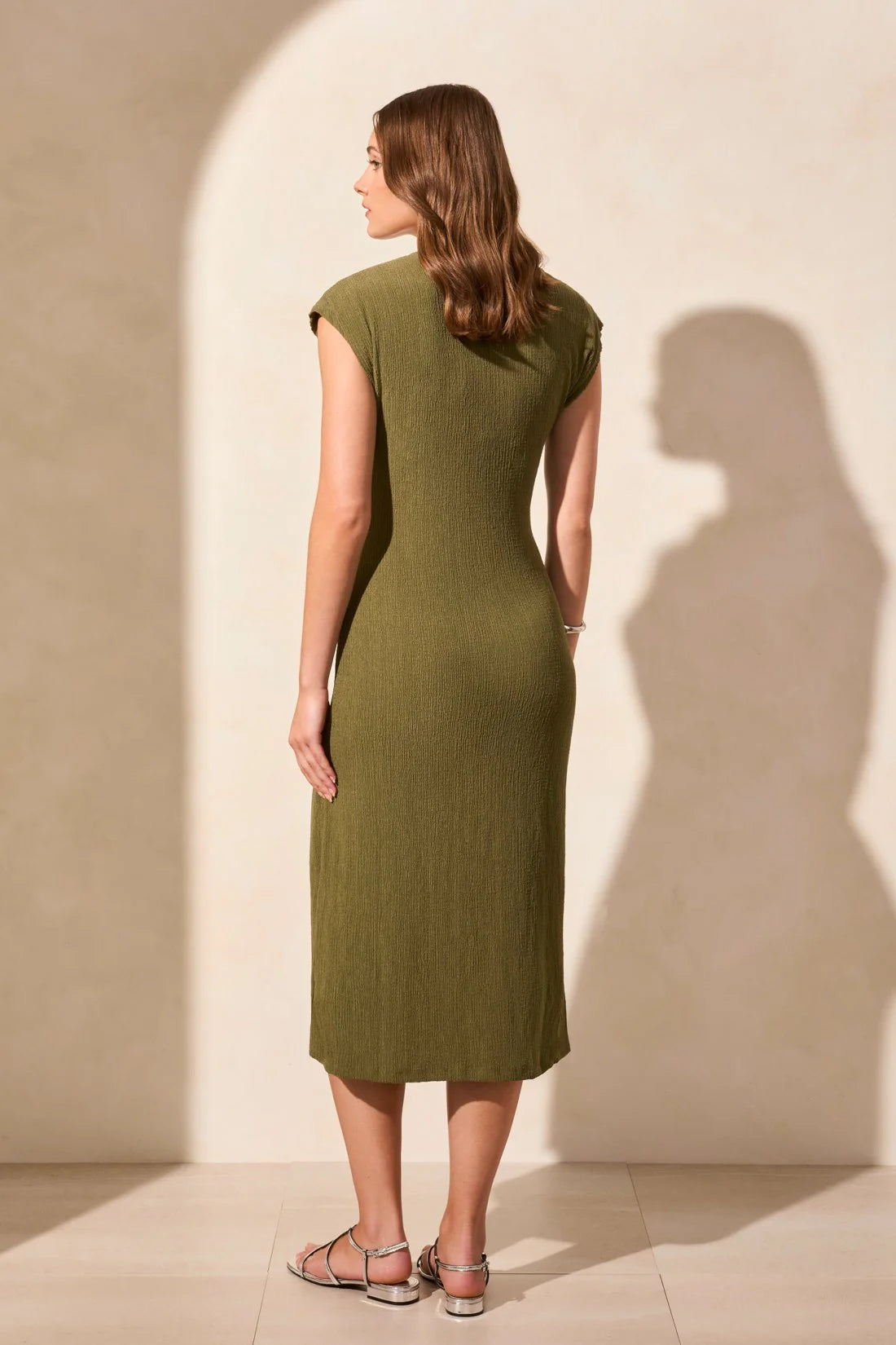 Tri 2139o Textured Short-Sleeve Midi Dress With Front Tie