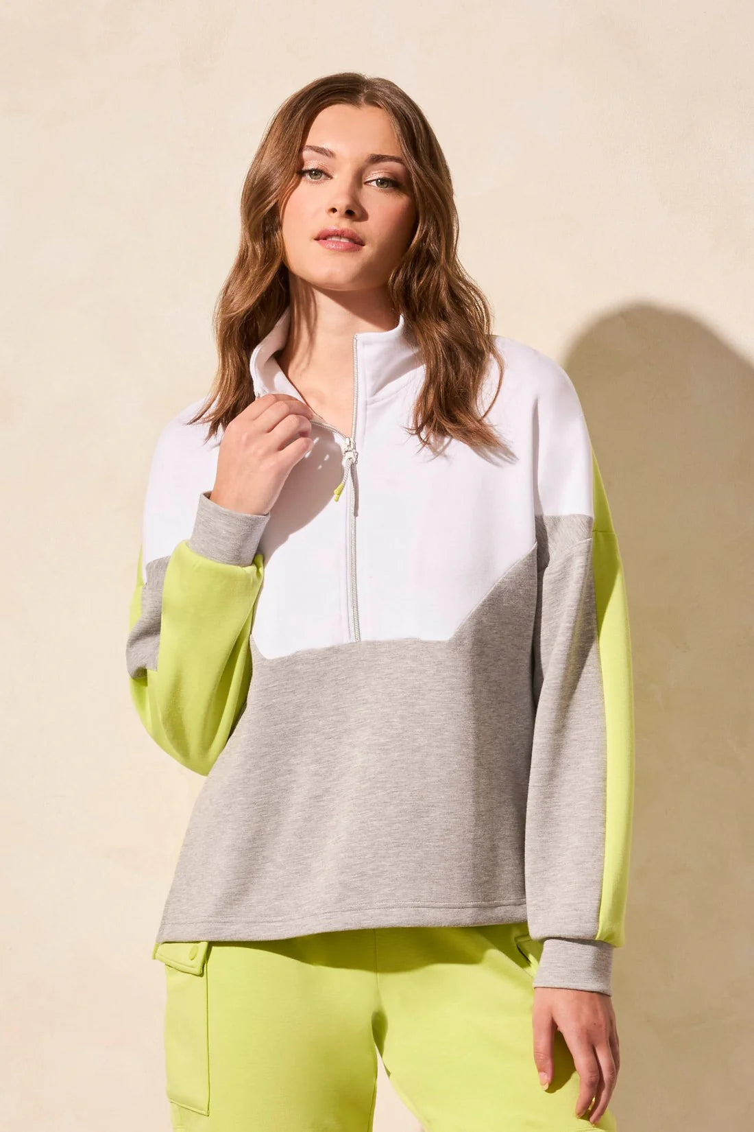 Tri 2167O Techno Lux Color Block Quarter Zip Mock Neck Top