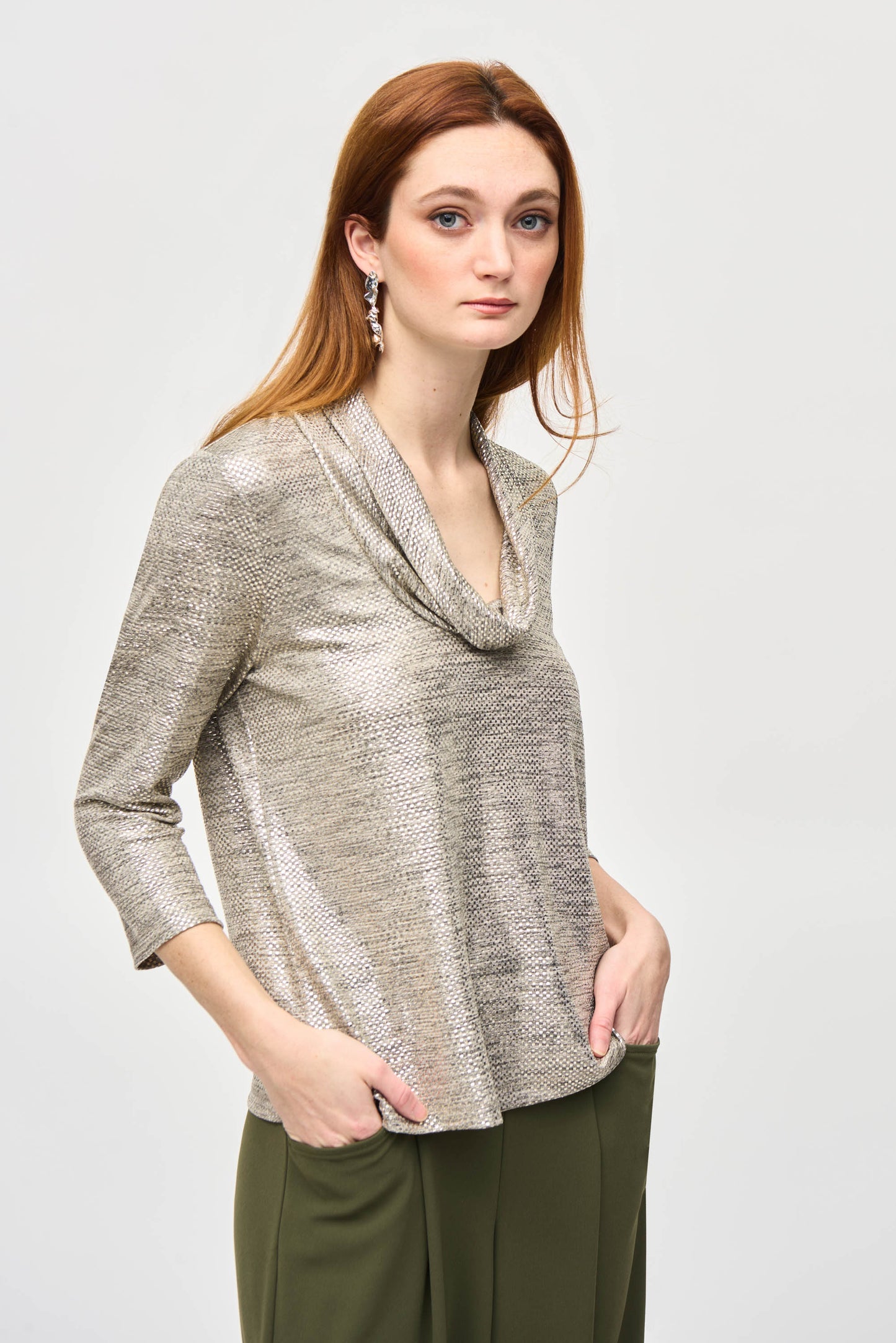 J.R 243167 Foiled Knit Cowl Collar Top