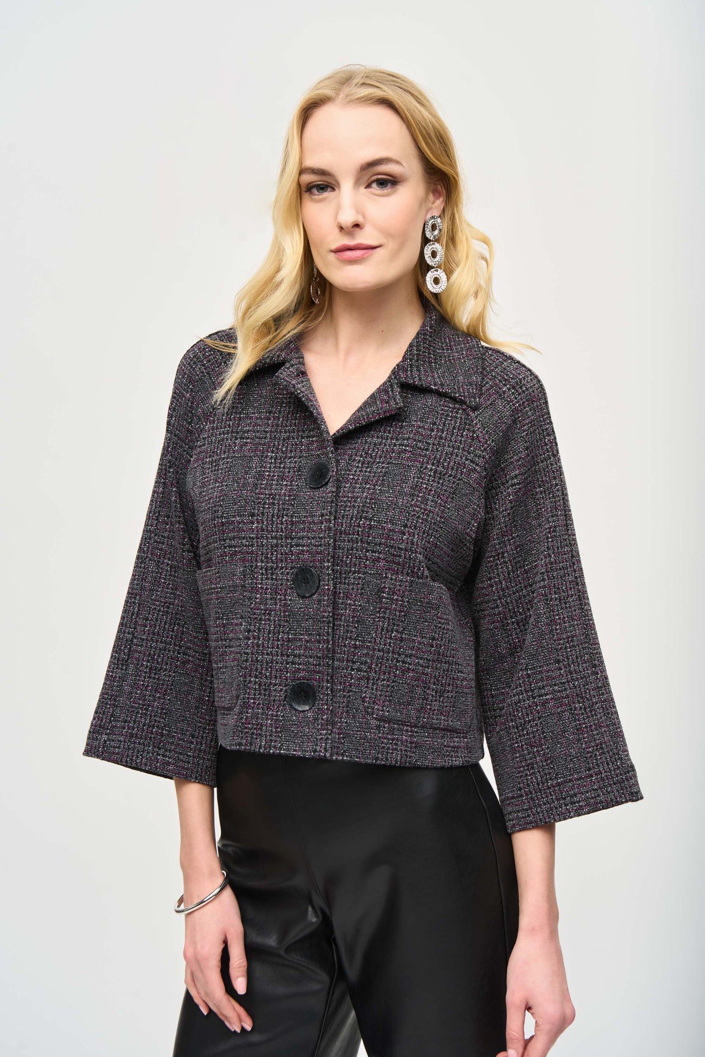 J.R 243241 Jacquard Sweater Plaid Boxy Jacket
