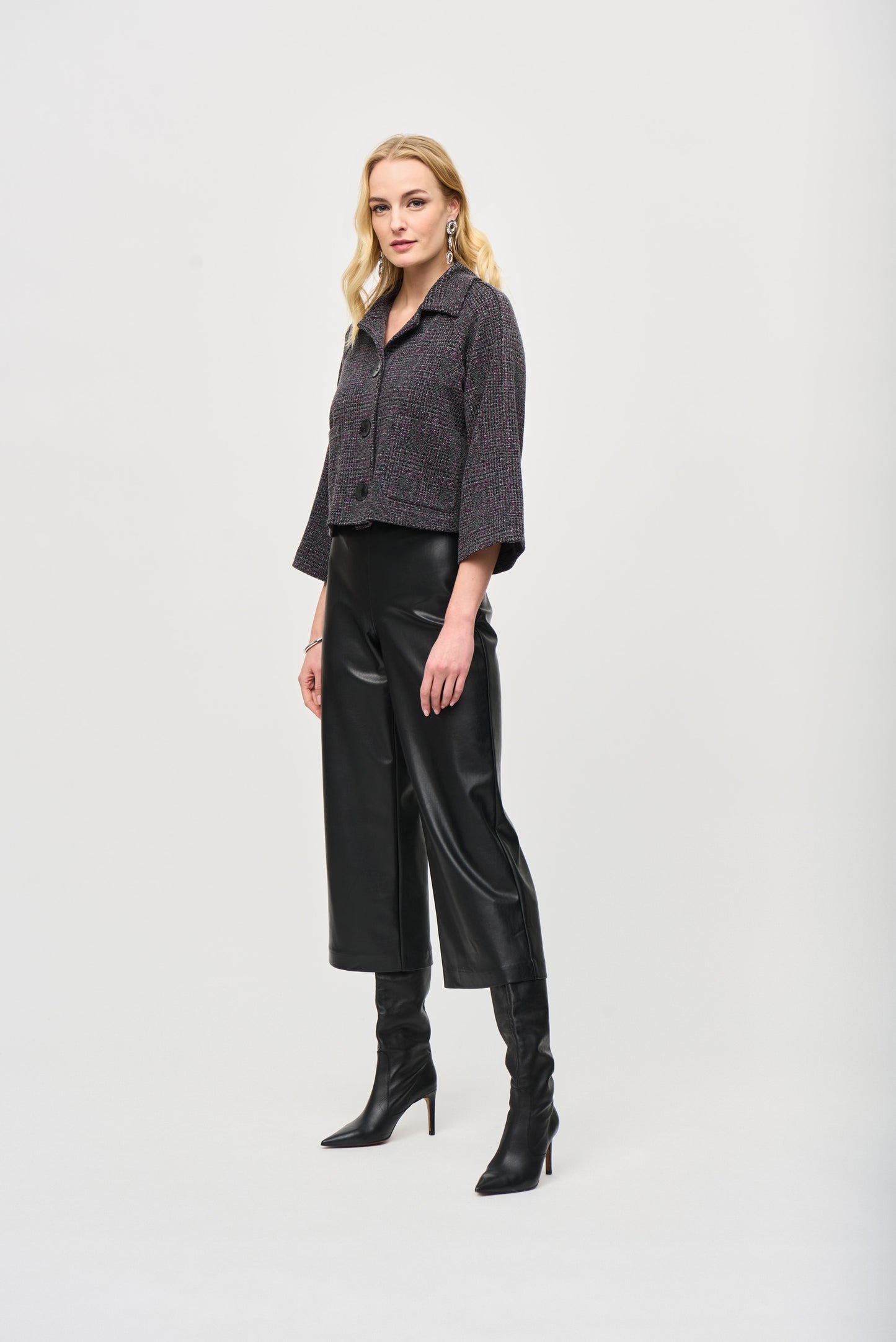 J.R 243241 Jacquard Sweater Plaid Boxy Jacket