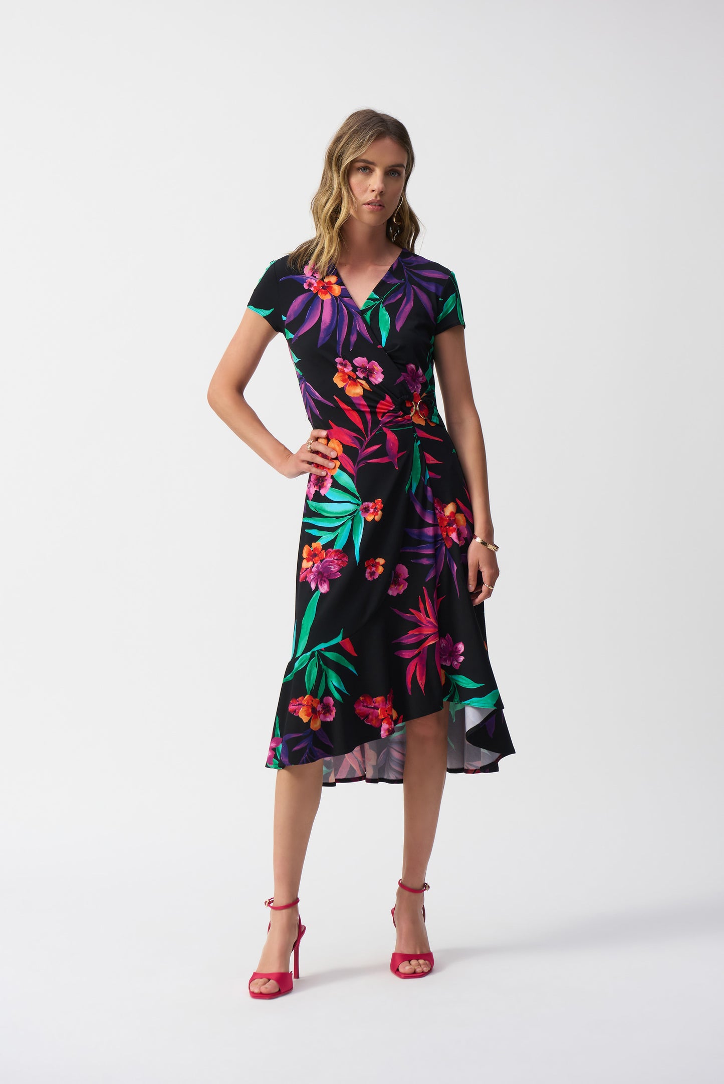 J.R 251011 Silky Knit Tropical Print Wrap Dress