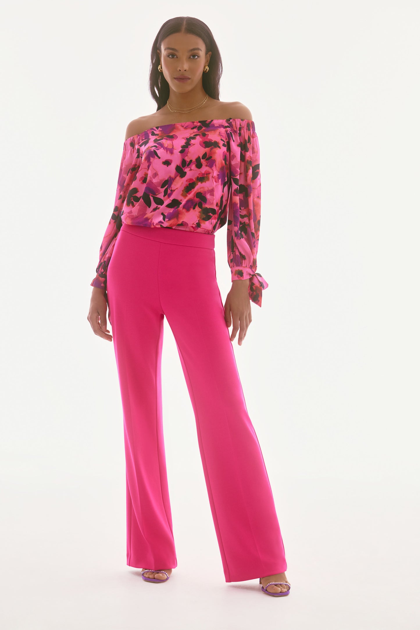 J.R 251784 Satin Floral Print Off-Shoulder Top