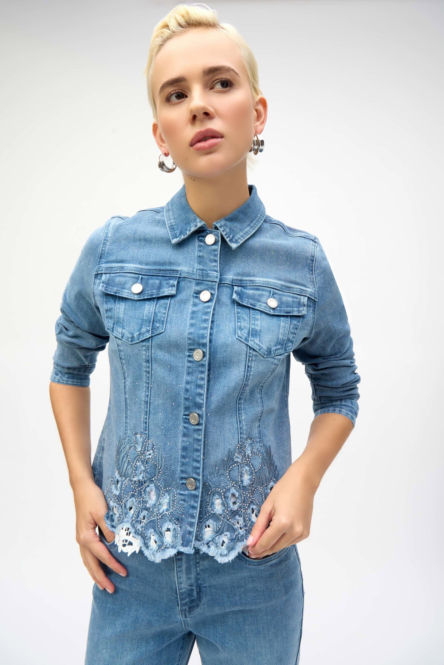 J.R 252911 Stretch Denim Jacket with Embroidery