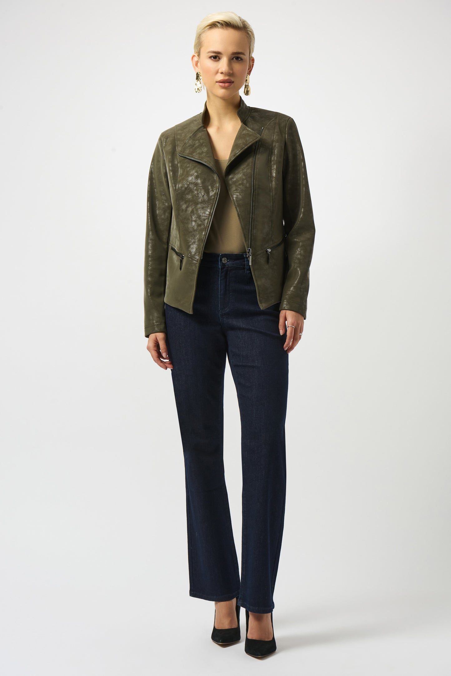 J.R 253915 Foiled Faux Suede Fitted Moto Jacket
