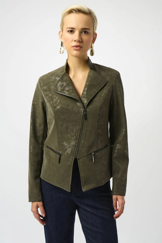 J.R 253915 Foiled Faux Suede Fitted Moto Jacket