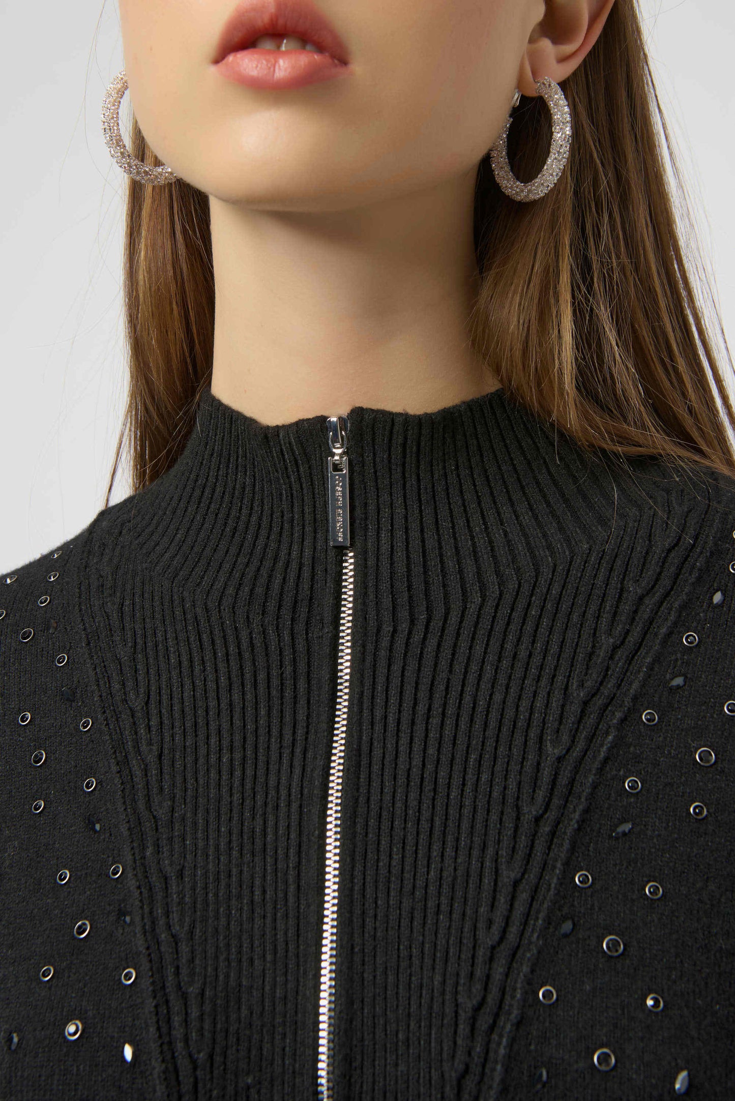 J.R 254933 Sweater Knit Mock Neck Pullover with Rhinestones