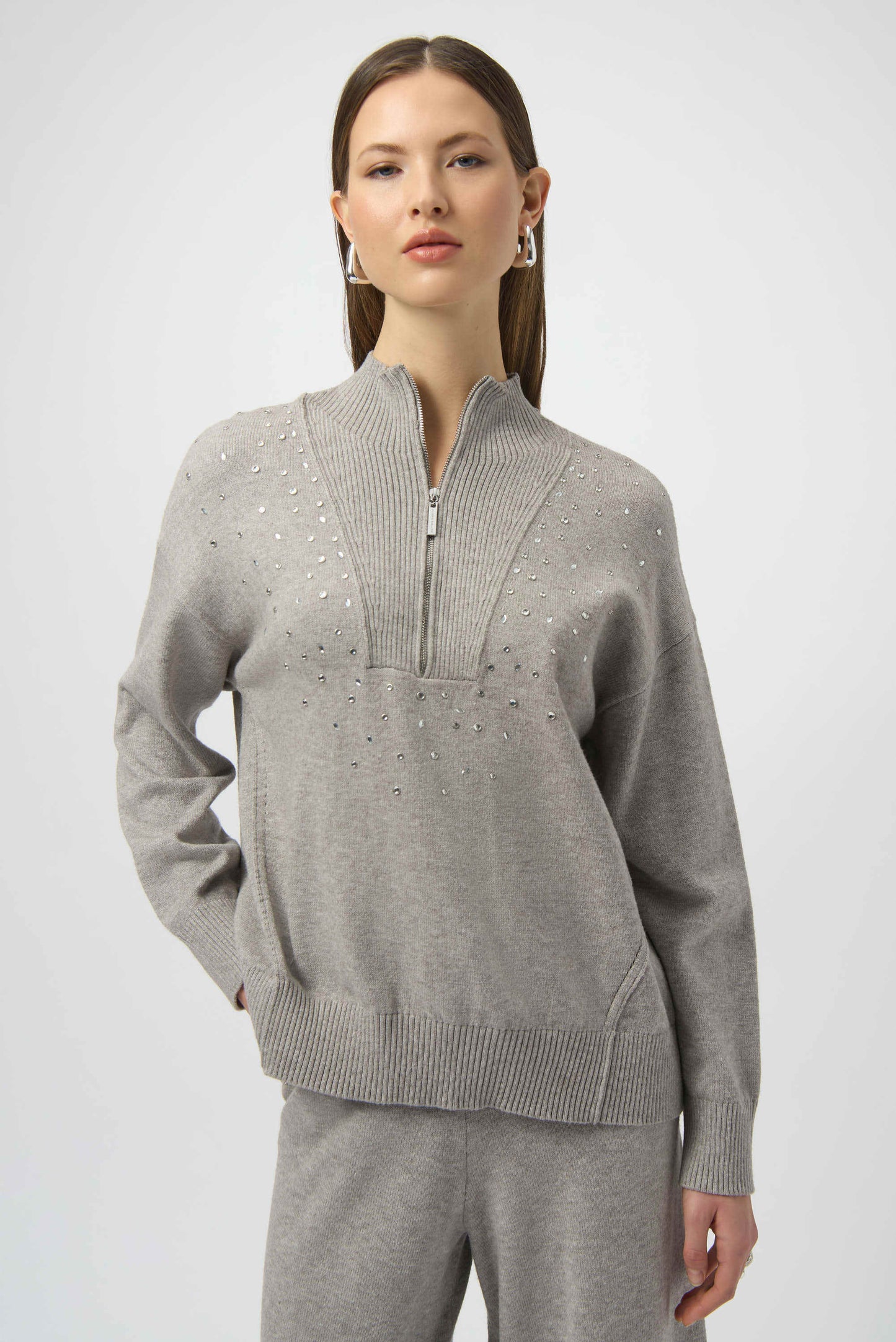 J.R 254933 Sweater Knit Mock Neck Pullover with Rhinestones