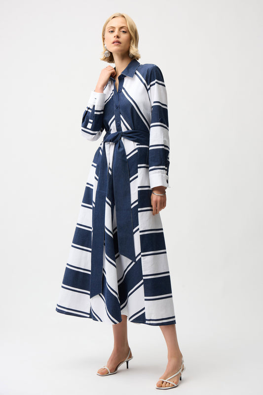 J.R 261936 Cotton Stripe Print Fit and Flare Shirt Dress with Reversible Sash