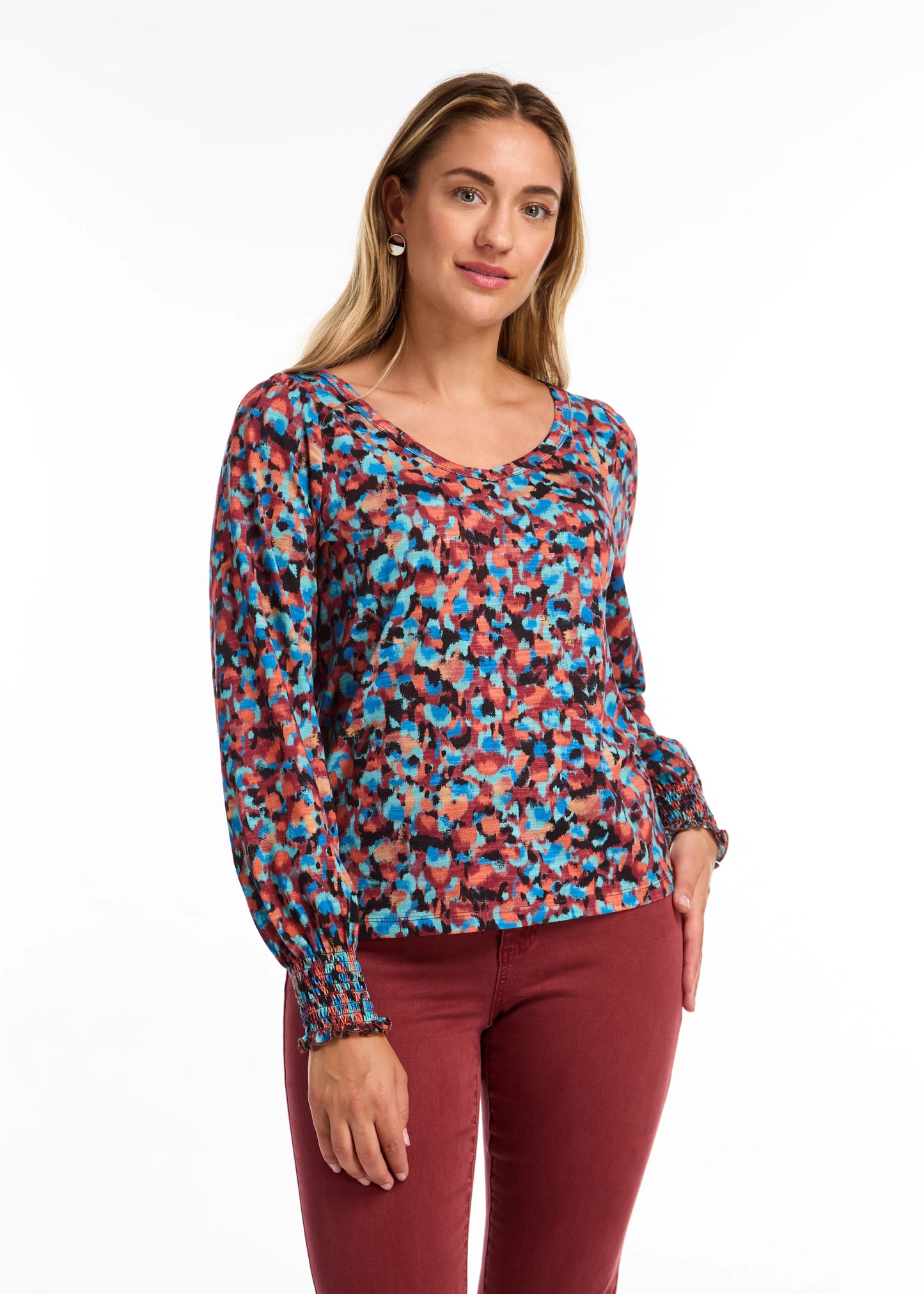 FDJ 3020476 V-Neck Smocked Cuff Top