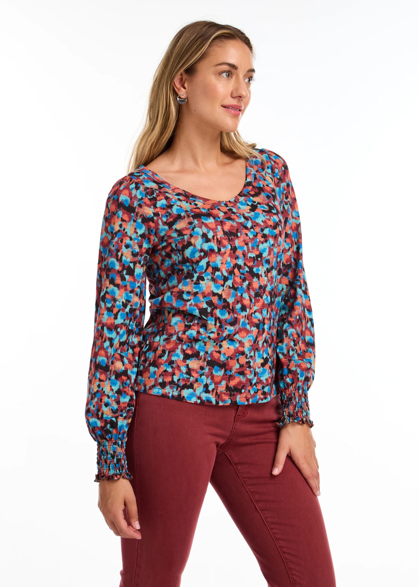 FDJ 3020476 V-Neck Smocked Cuff Top