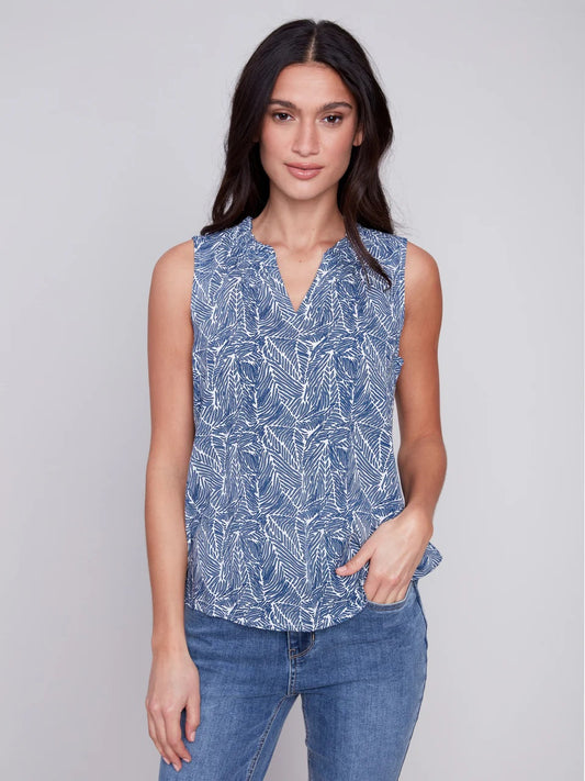 C.B 4529P Sleeveless Printed Ruffle Neck Blouse