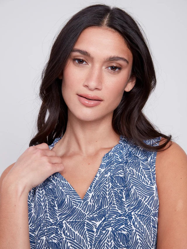 C.B 4529P Sleeveless Printed Ruffle Neck Blouse