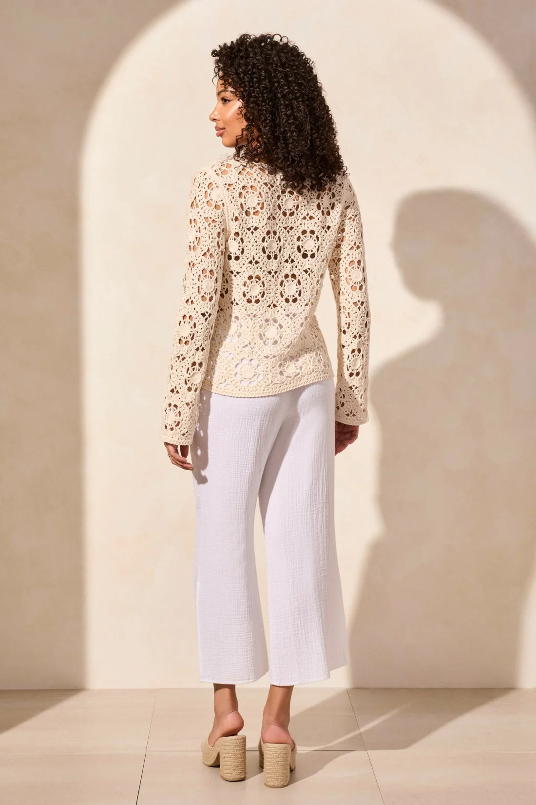 Tri 5751o Crochet Bell Sleeve V-Neck Cotton Sweater
