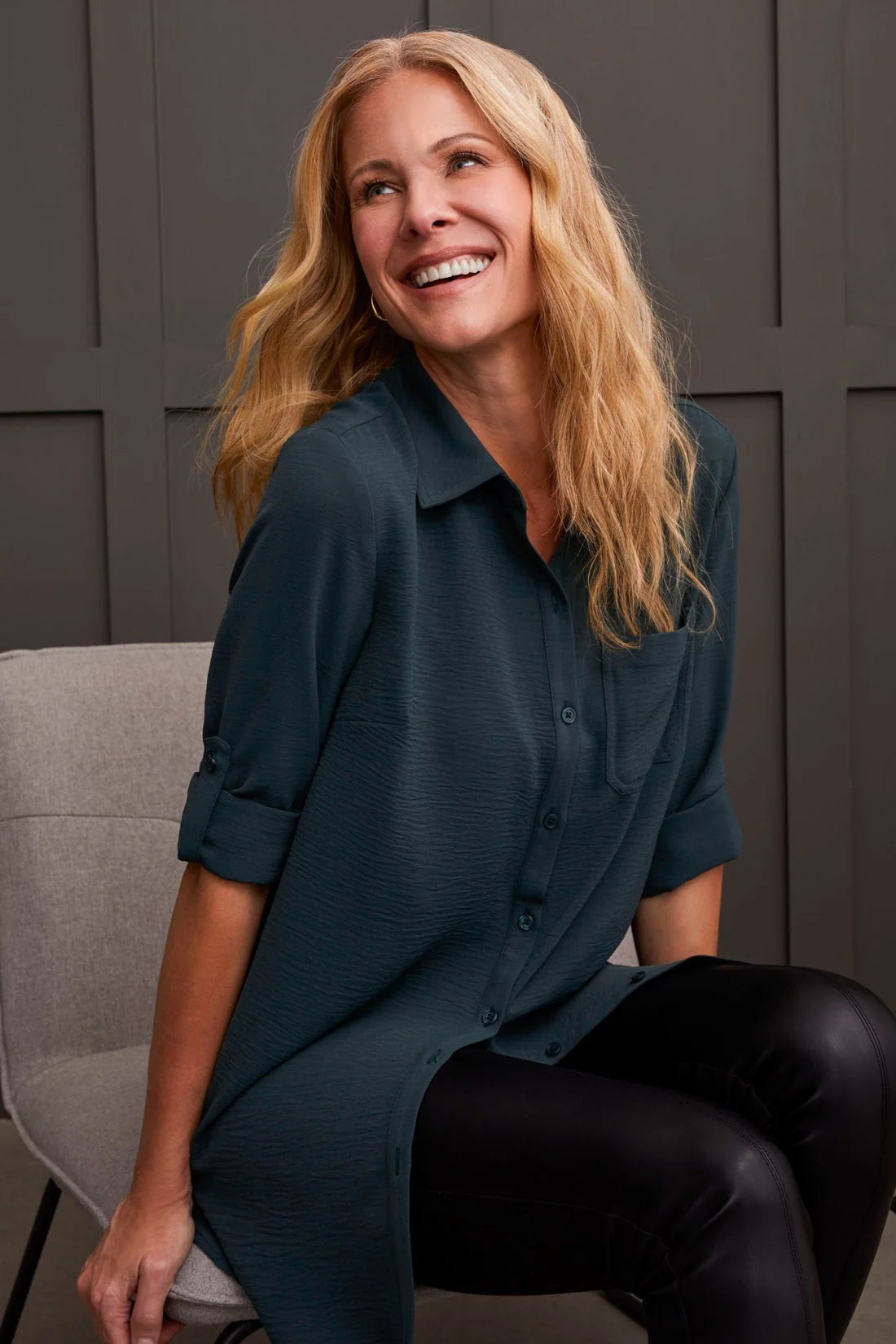 Tri 7878O Pebble Crepe Roll-Sleeve Tunic