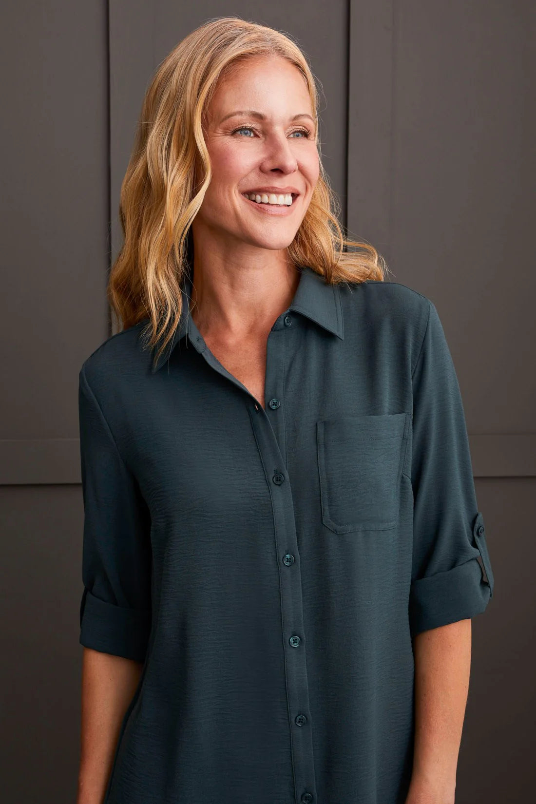Tri 7878O Pebble Crepe Roll-Sleeve Tunic