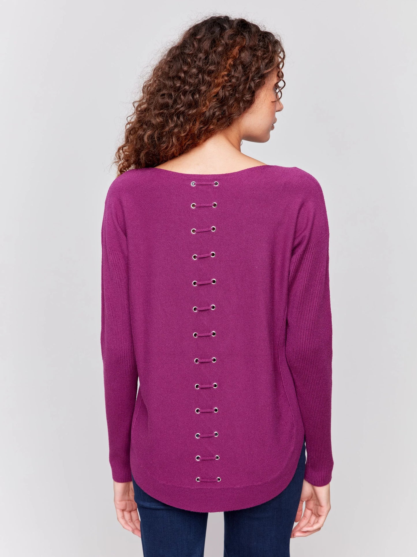 C.B C2170W Knit Sweater with Back Lace-Up Detail