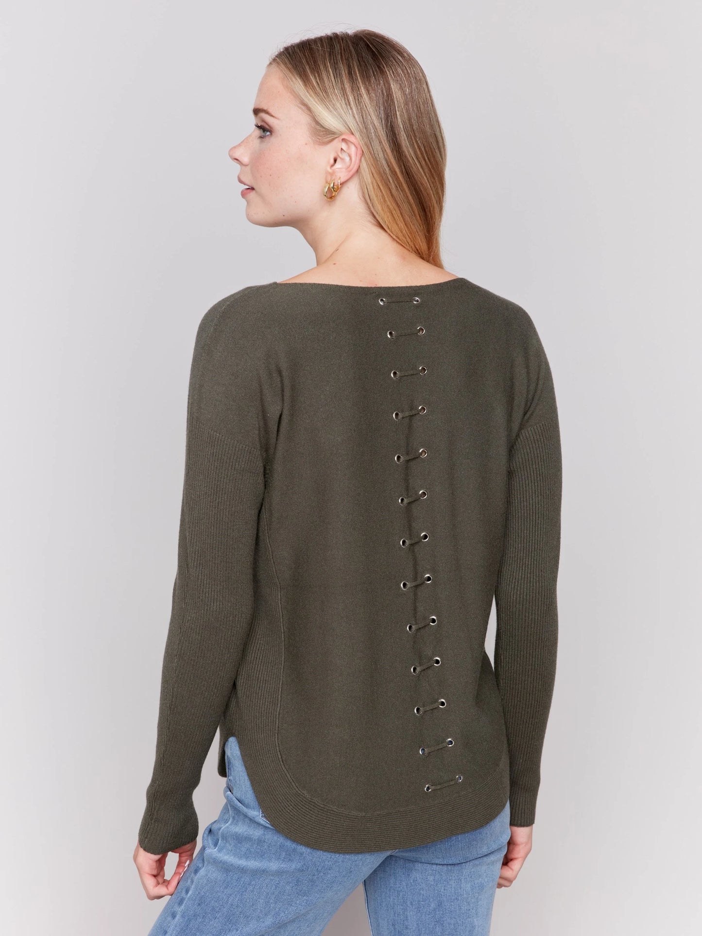C.B C2170W Knit Sweater with Back Lace-Up Detail