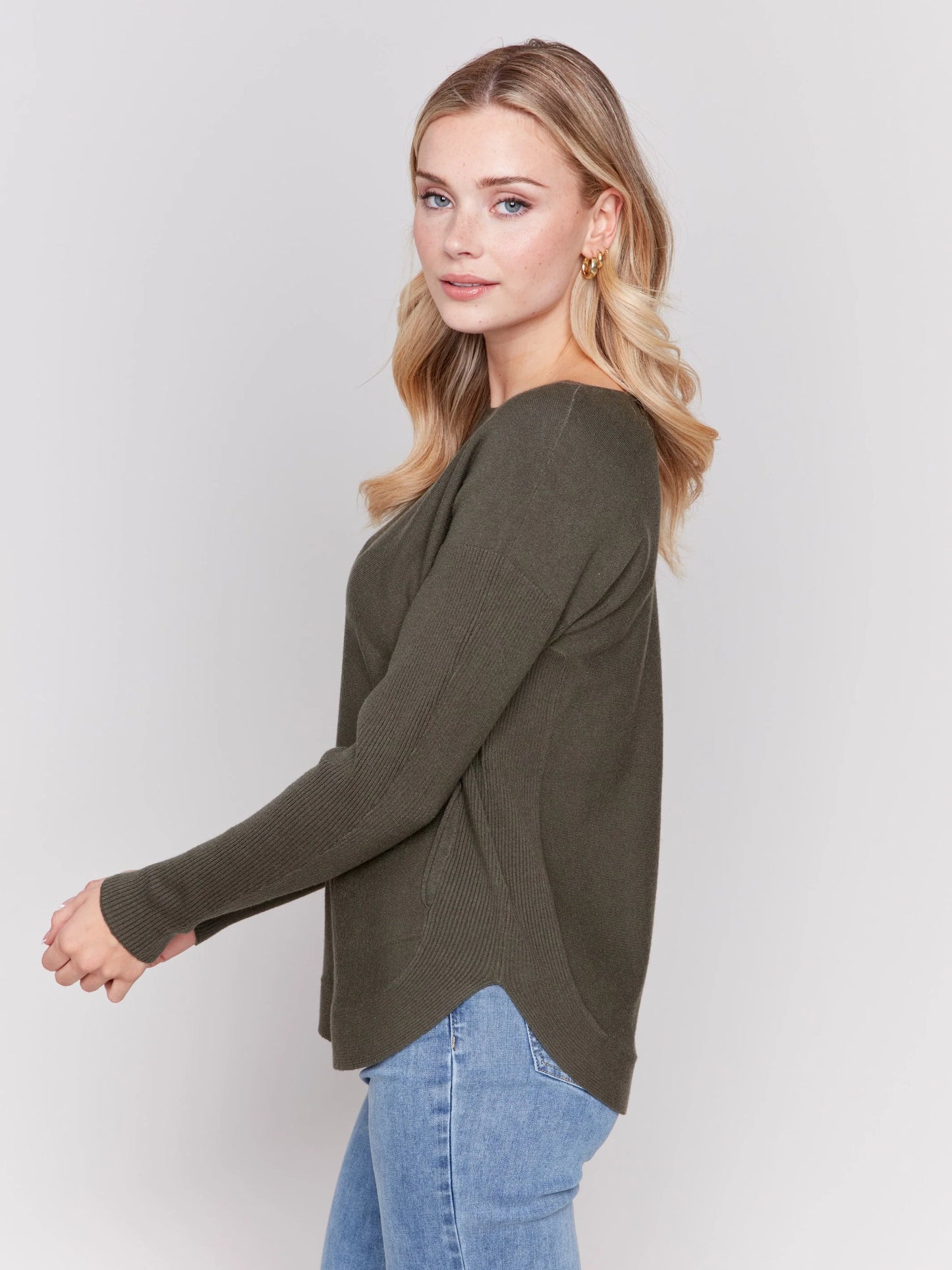 C.B C2170W Knit Sweater with Back Lace-Up Detail