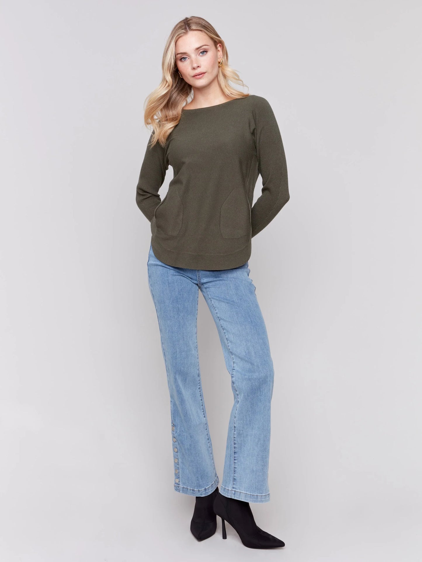 C.B C2170W Knit Sweater with Back Lace-Up Detail