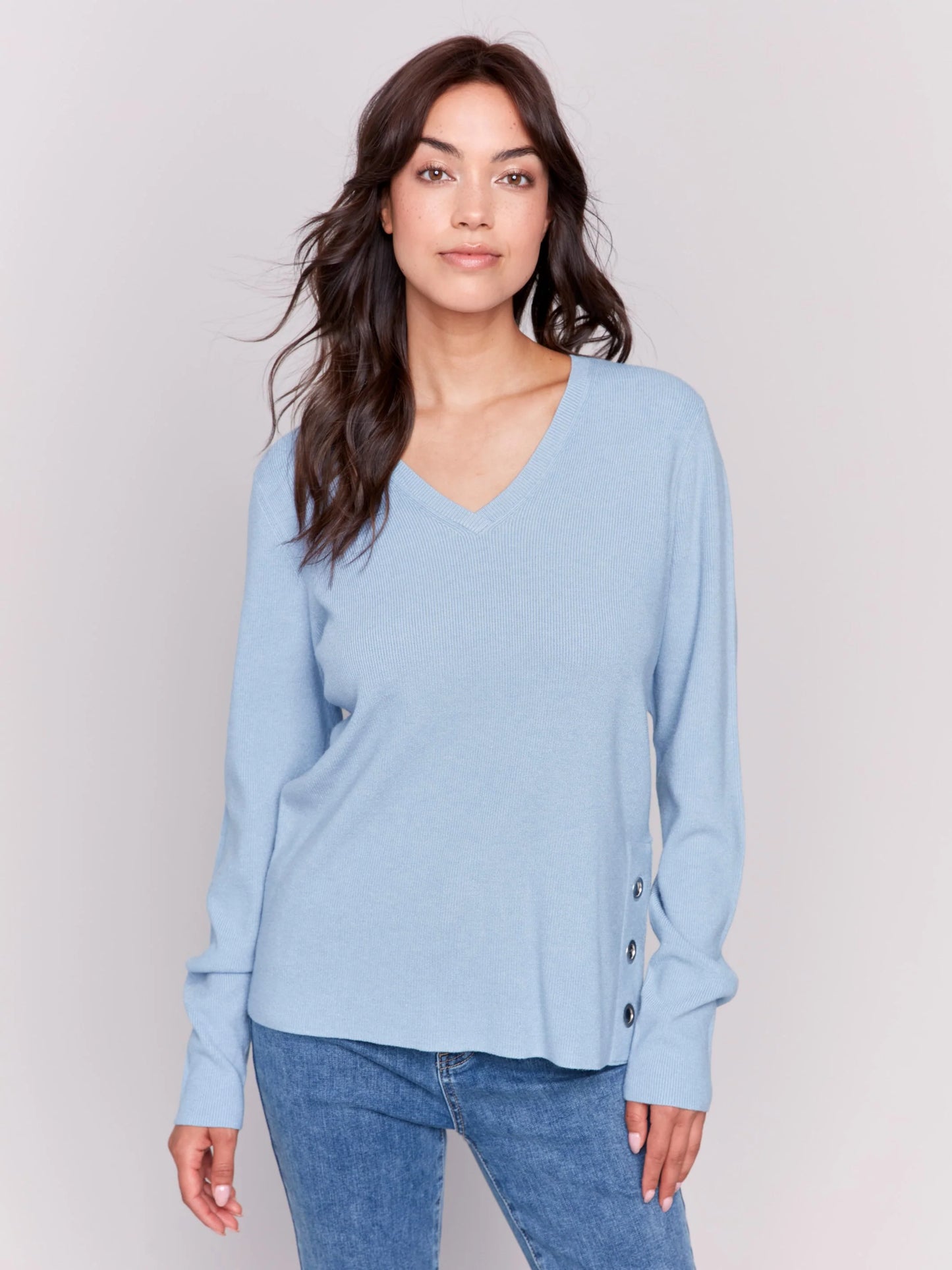 C.B C2569R V-Neck Sweater with Grommet Detail