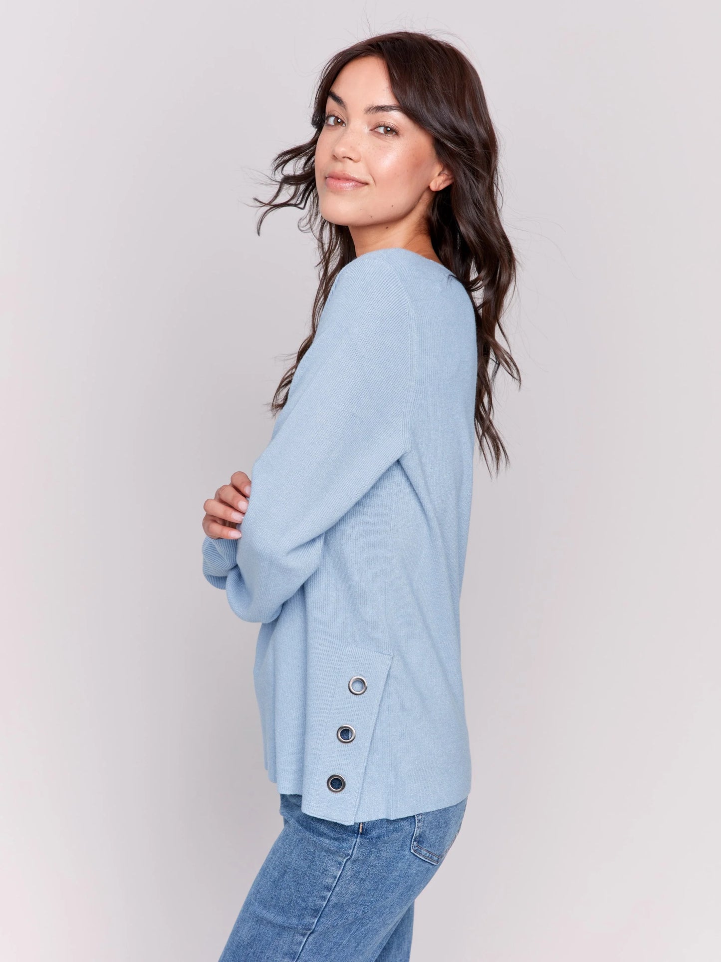 C.B C2569R V-Neck Sweater with Grommet Detail