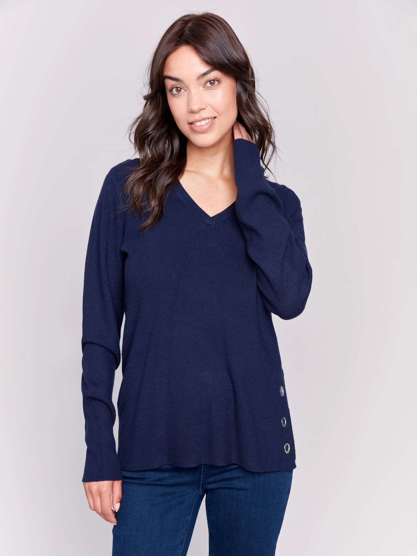 C.B C2569R V-Neck Sweater with Grommet Detail