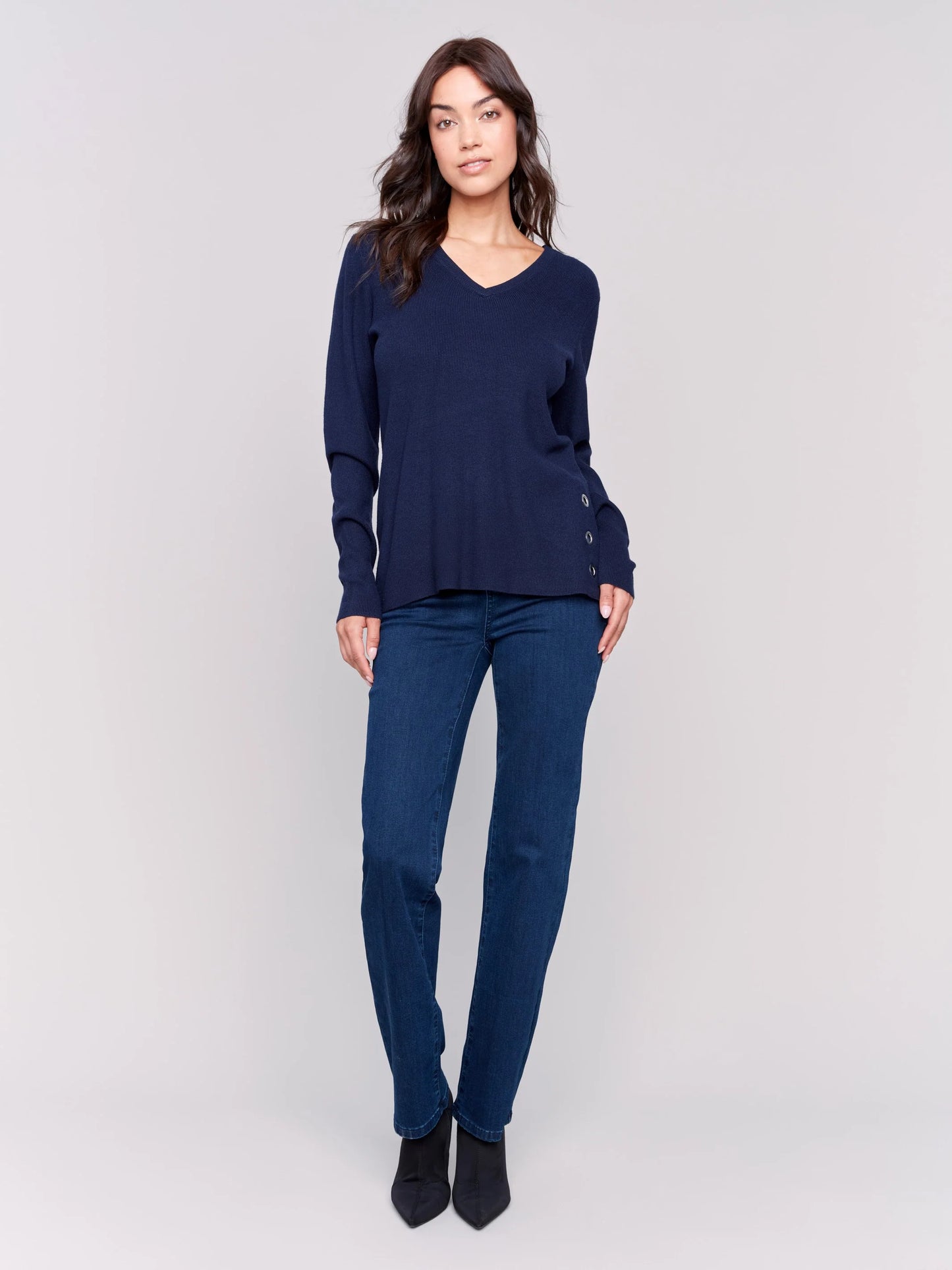 C.B C2569R V-Neck Sweater with Grommet Detail