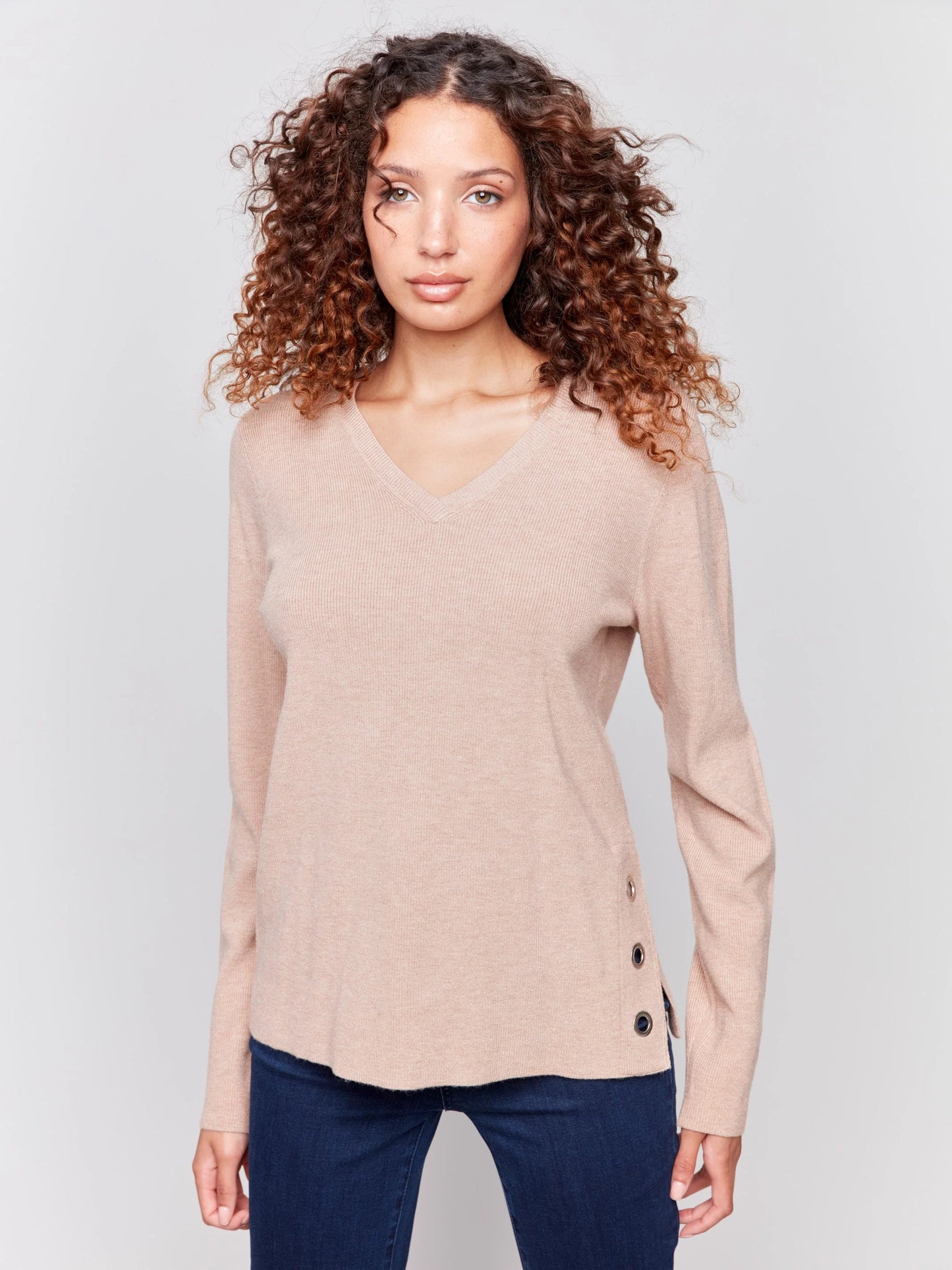 C.B C2569R V-Neck Sweater with Grommet Detail