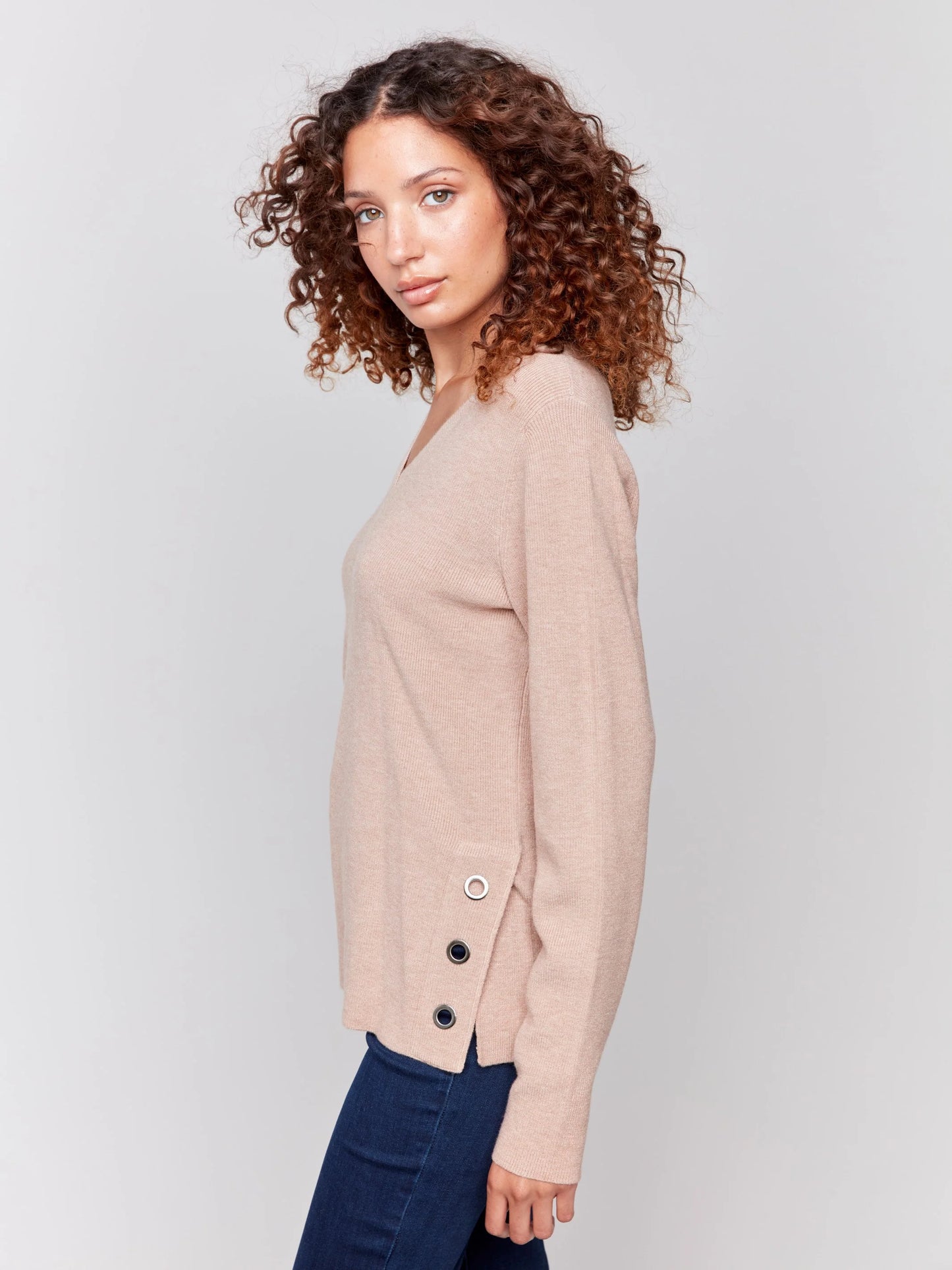 C.B C2569R V-Neck Sweater with Grommet Detail