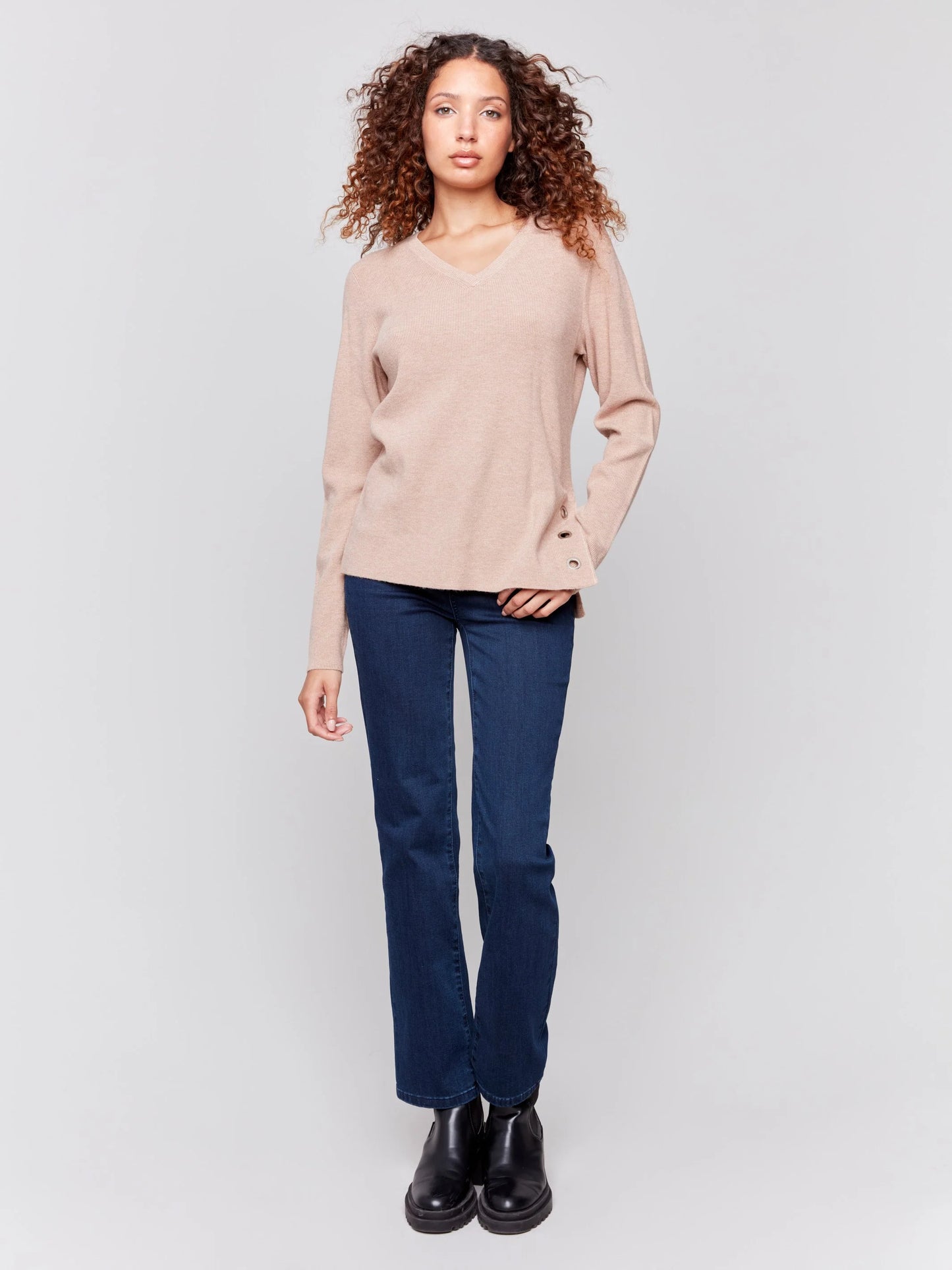C.B C2569R V-Neck Sweater with Grommet Detail