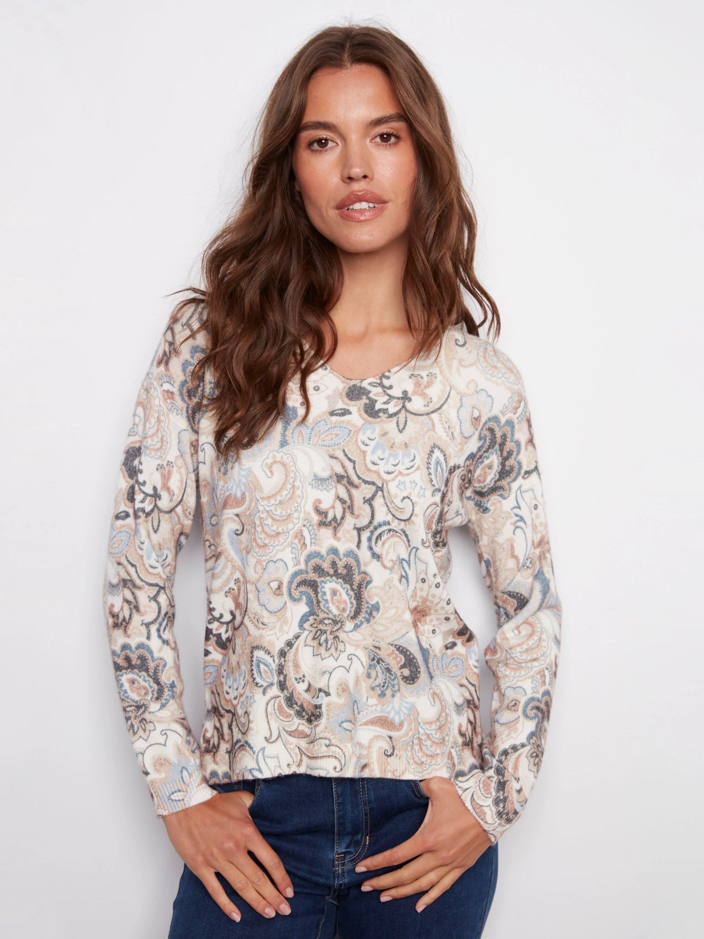 C.B C2581D Printed Plush Knit V-Neck Sweater