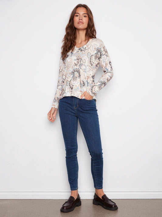 C.B C2581D Printed Plush Knit V-Neck Sweater