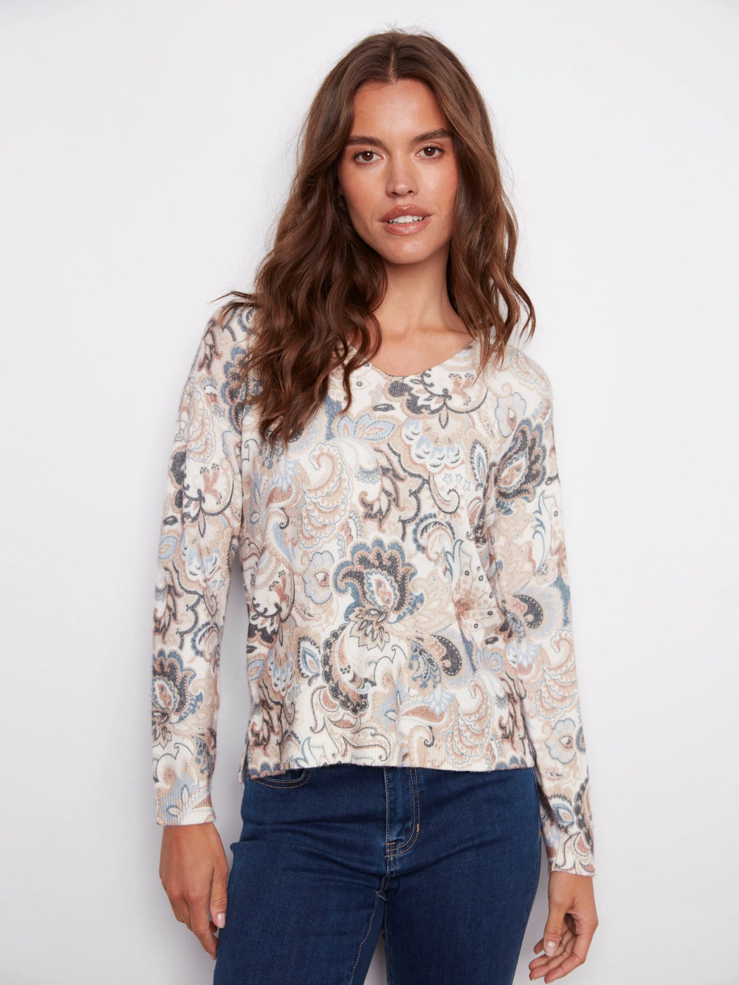 C.B C2581D Printed Plush Knit V-Neck Sweater