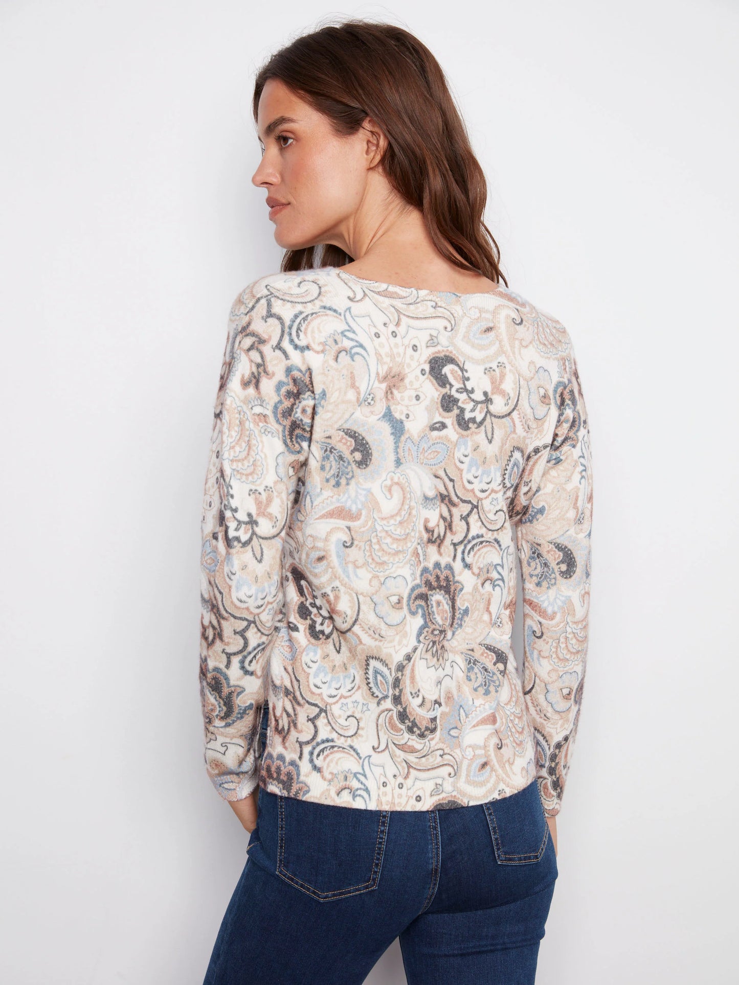 C.B C2581D Printed Plush Knit V-Neck Sweater