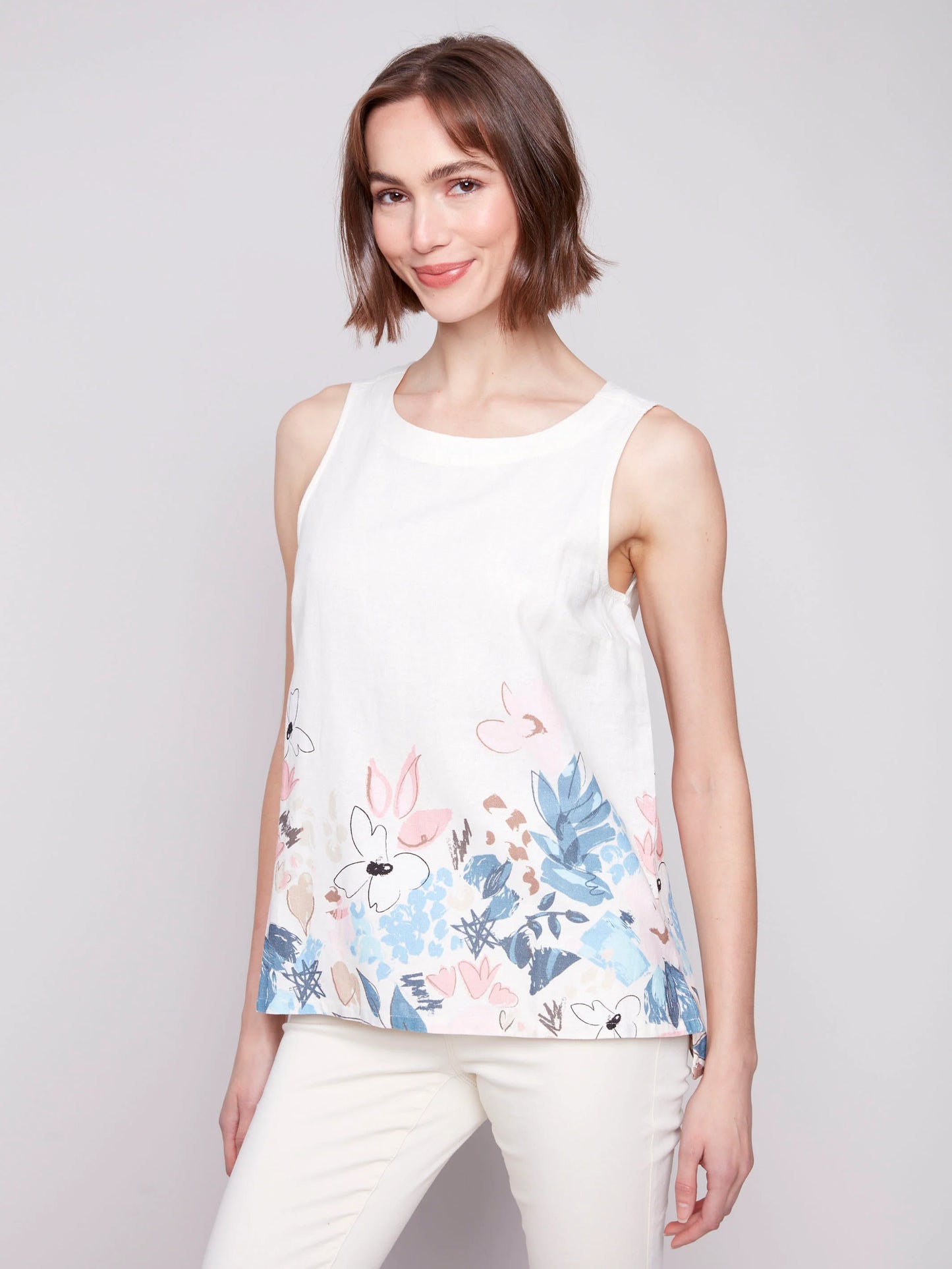 C.B C4532BY Sleeveless Printed Linen Blend Top