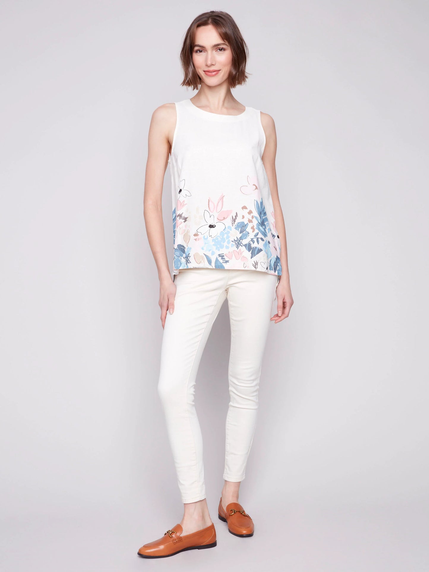 C.B C4532BY Sleeveless Printed Linen Blend Top
