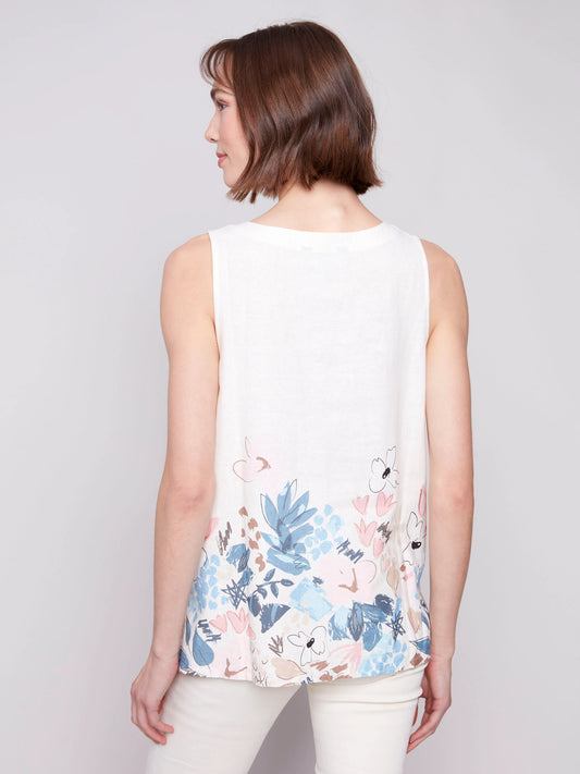 C.B C4532BY Sleeveless Printed Linen Blend Top