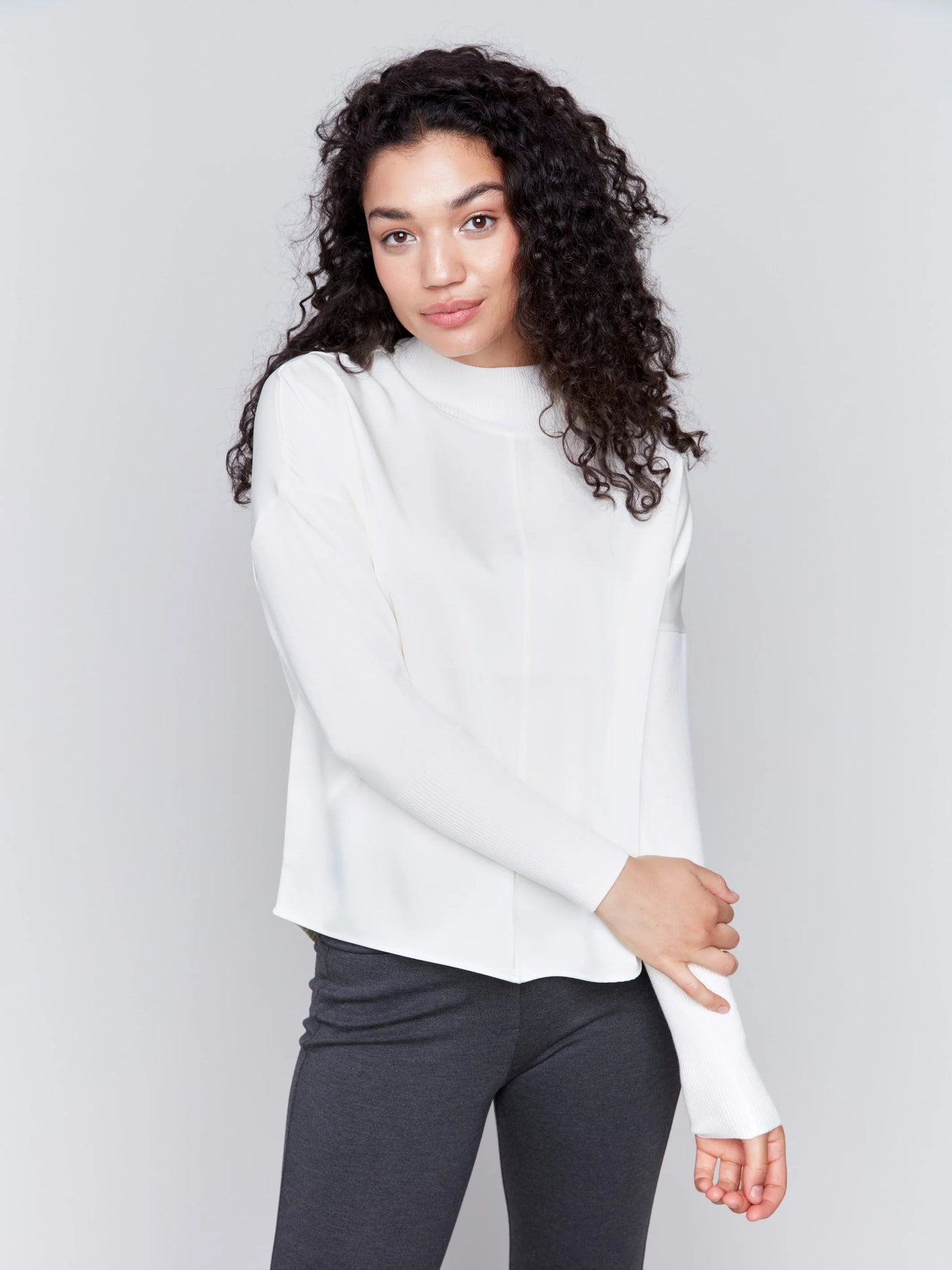 C.B C1345R Satin Knit Top with Mock Neck