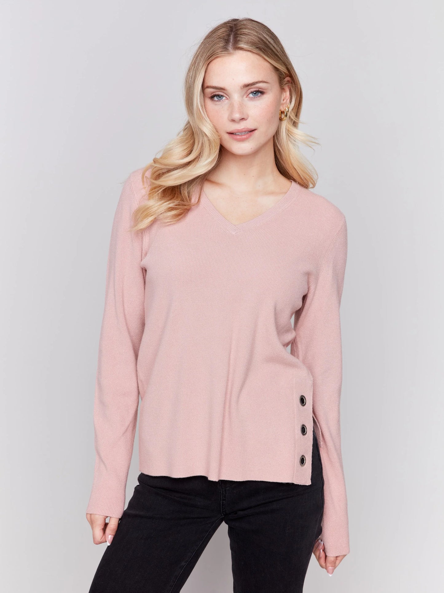 C.B C2569R V-Neck Sweater with Grommet Detail