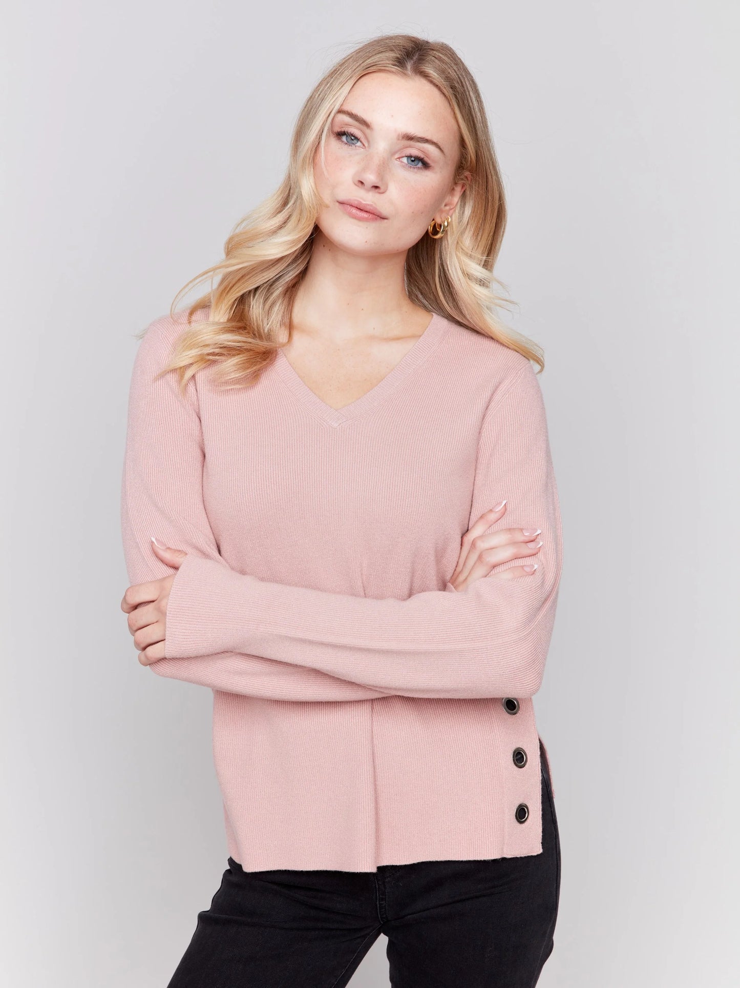 C.B C2569R V-Neck Sweater with Grommet Detail