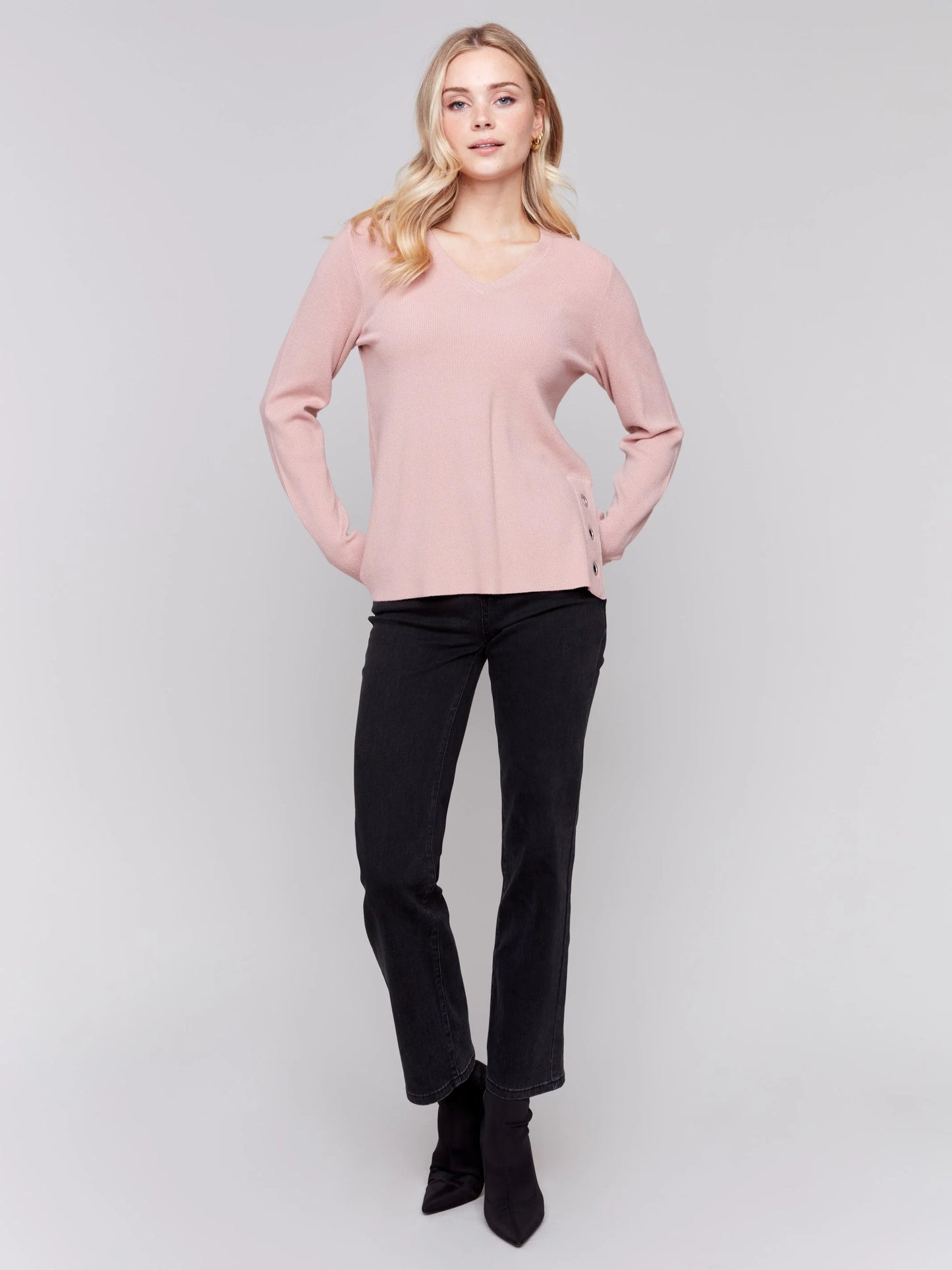 C.B C2569R V-Neck Sweater with Grommet Detail