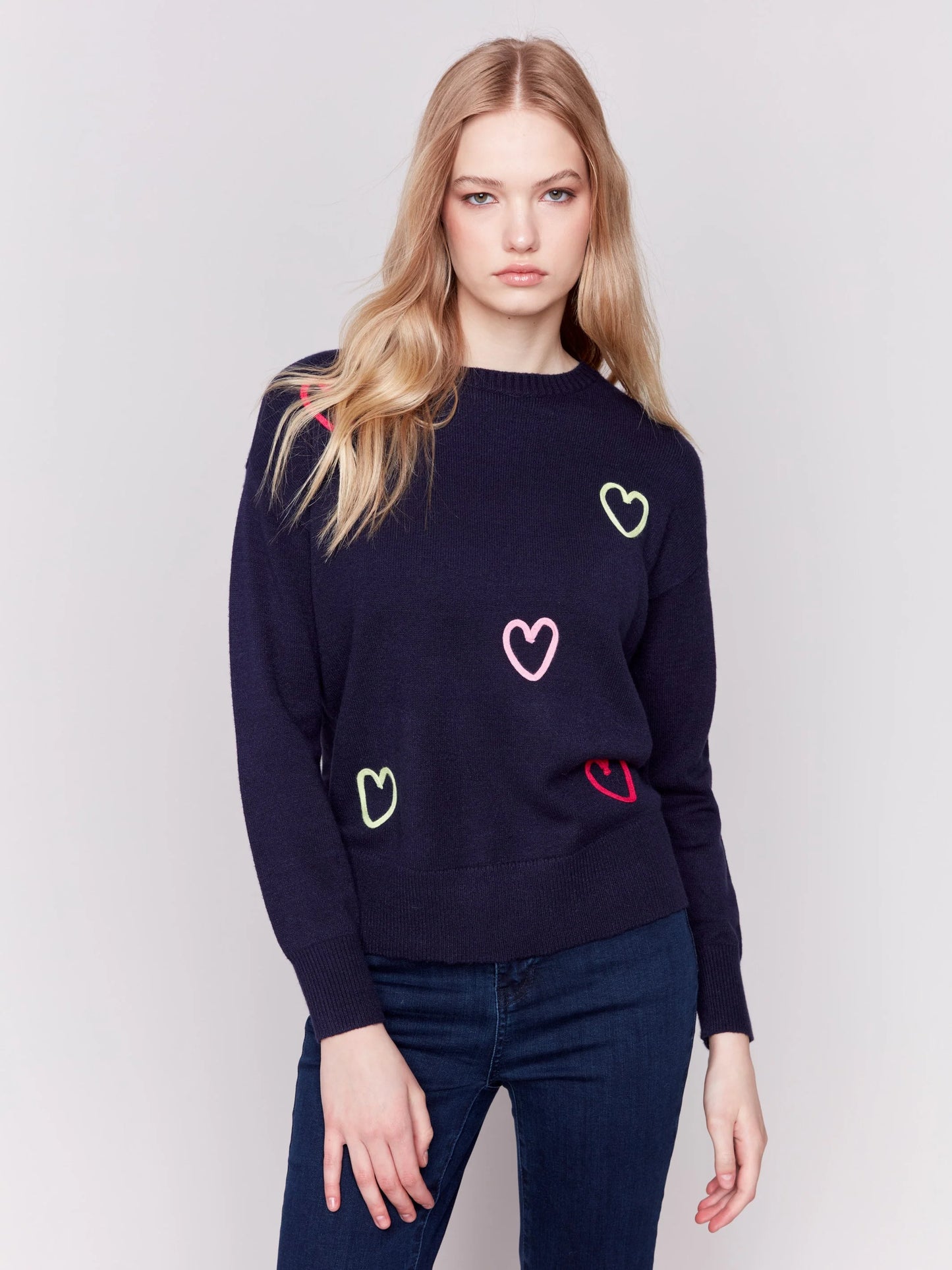 C.B C2605R Sweater with Embroidered Hearts