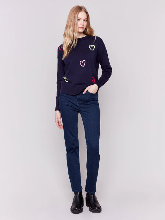 C.B C2605R Sweater with Embroidered Hearts