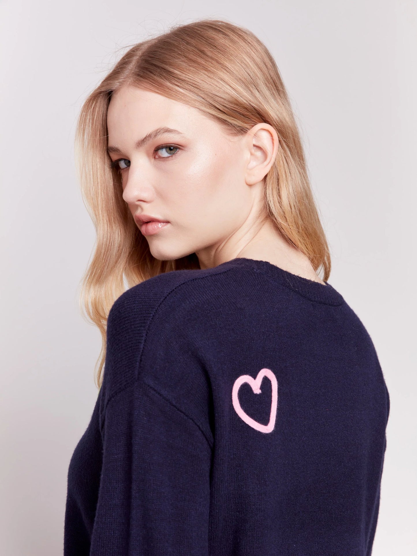 C.B C2605R Sweater with Embroidered Hearts